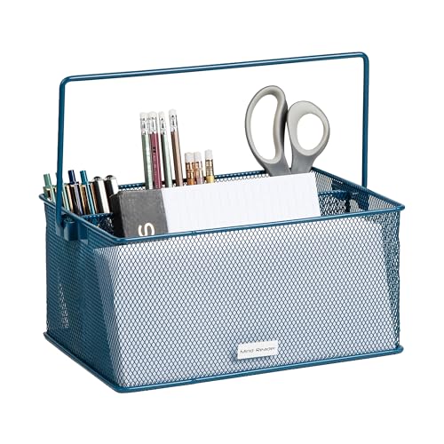 Mind Reader Multi-purpose Storage Caddy with Handle, Desktop Organizer, Cutlery Holder, 4 Compartments, Metal Mesh, Turquoise - color: Turquoise, size: Single
