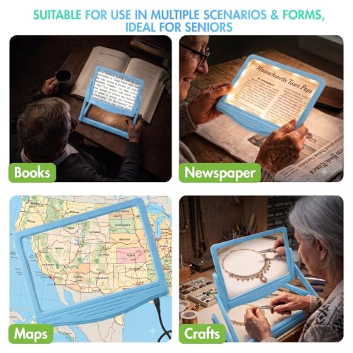 MAGNIPROS 5X LED Page Magnifying Glass, Detachable Stand, 3 Color Modes - color: Blue