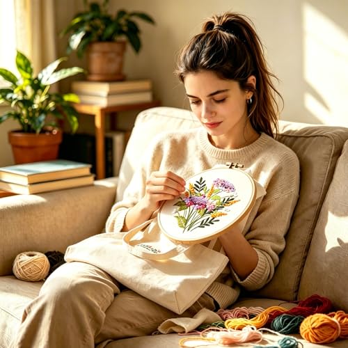 Vigdit Canvas Tote Bag Embroidery Kit for Beginners, Needlepoint Cross Stitch Kit for Adult Beginner, DIY Reusable Grocery Bags Embroidery Starter Kit with Stamped Floral Tools & Instructions - color: Flower1