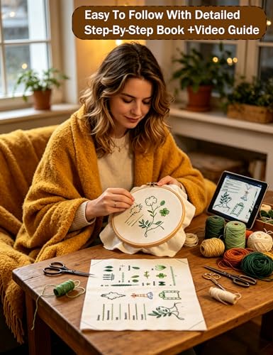 Roofo Embroidery Stitch Book Kit for Beginners, DIY Hand Sewing Embroidery Book 8×6" Starter Set for Adults Cross Stitch Kits with Colors Threads and Tools&Video Tutorials