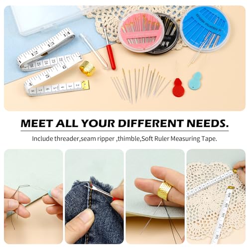 FIVEIZERO Premium Hand Sewing Needles Set,90-Count Assorted Embroidery Needles with threaders,Thread Removal Knife, Thimble,Soft Tape Measure for Hand Sewing Repair - color: Pink+Black+Blue