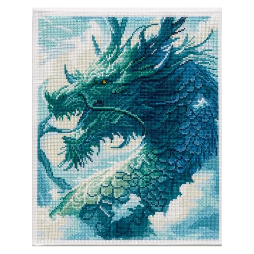 Zhenqing Dragon Stamped Cross Stitch Kit for Beginners, 11CT Printed Full Coverage Blue Green Chinese Dragon Pattern, 40 x 50 cm Fantasy Animal Embroidery Needlework Set, No Hoop Needed - color: Misty Blue Dragon