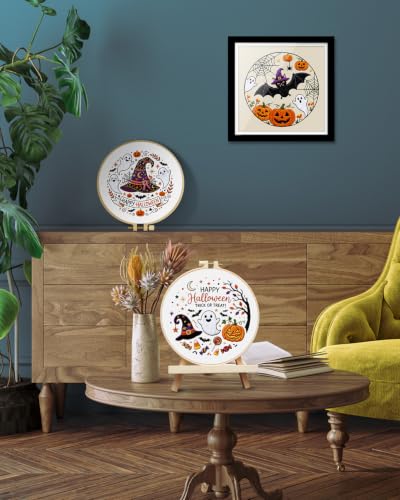 TINDTOP Halloween Embroidery Kit for Adult, 3 Pack Embroidery DIY Starter Kit, with Stamped Patterns, Hoop, Tools, Colorful Threads with Needles, Instructions - color: Halloween C