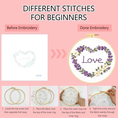Zhenqing Heart Wreath Embroidery Kit for Beginners, Pre-Printed 29x29cm Cotton Fabric with 20cm Hoop, Love Floral Design for Romantic Gift and Home Decor (C0236)