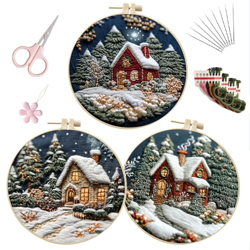 EOBTAIN 3 Pcs Winter Christmas Embroidery Kit for Beginners,Christmas Village Embroidery Starter Kit Green Xmas Tree Snow Scene Stamped Patterns with Hoop,Thread,Needles,Hand DIY Craft Kits for Adults - color: Green