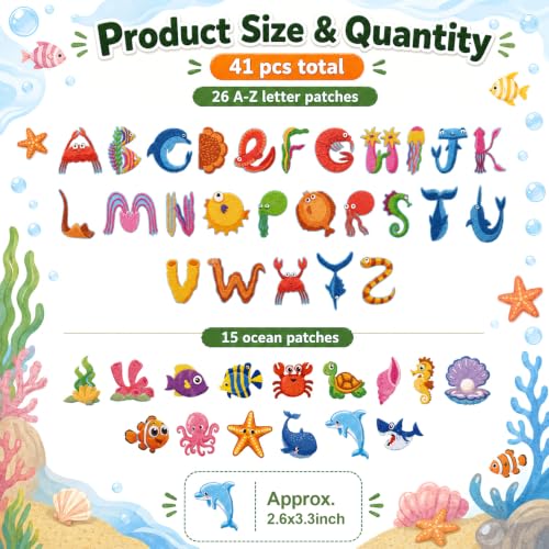 Cinrobiye 41 Pcs Ocean Animals Patches Self Adhesive Under The Sea A to Z Alphabet Applique Sea Animals Themed Chenille Letter Patches Stick on for Clothing Hats Bags Fabric DIY Crafts - style: Marine Animals