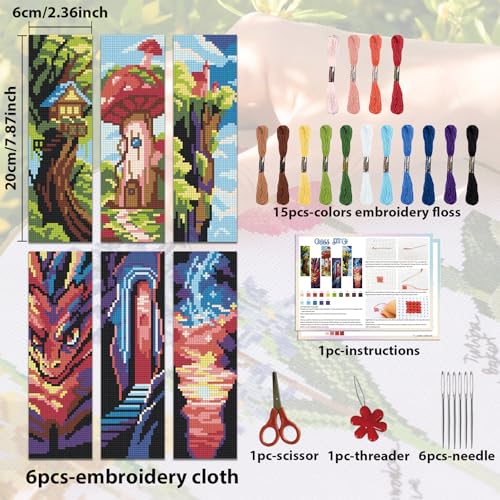 ACRNIGHEET 6 PCS Cross Stitch Bookmark Kit DIY Bookmarks Cross Stitch Kits Stamped Embroidery Bookmarks for Adults Beginners Fantasy Pattern Bookmarks with Instructions Hand Craft Gift, 7.87''x2.36'' - style: Classic