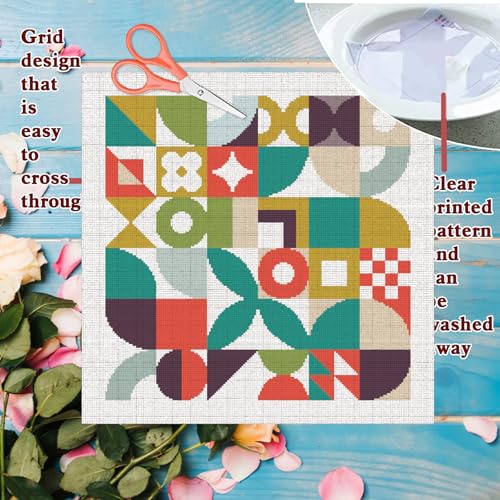 FREEBLOSS 11CT Cross Stitch Kit Cross Stitch Craft Kit with Stitching Guide for Beginners Memphis Stamped Embroidery Set Crossstitch Wall Hanging Set 17.7x17.7inch