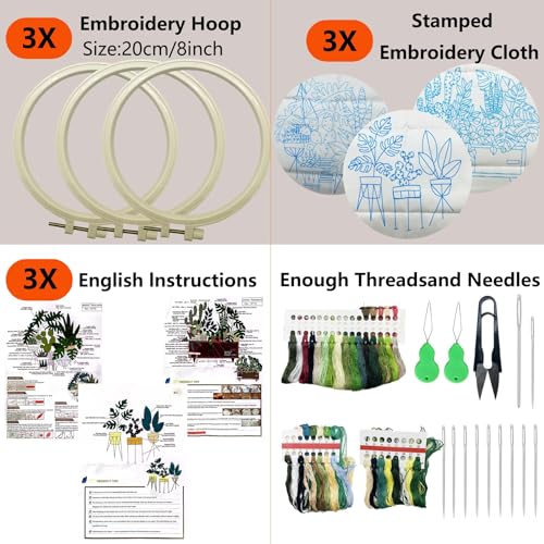 Allazone 3 Sets Embroidery Kit for Beginners, Stitch Practice Kits for Craft Lover Hand Stitch with Embroidery Fabric with Stamped Pattern, Starter Stitch Kits Suitable for Adults (Plate Planting) - color: Plate planting