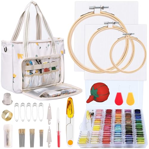 Peirich Embroidery Kits, Embroidery Storage Organizer Bag with Embroidery Floss Embroidery Hoop Aida Cloth, Cross Stitch Kits for Beginner, Adults