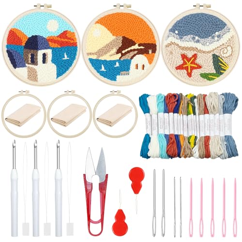 Woohome Punch Needle Kit Included Plastic Hoops, Punch Needle Cloth, Color Yarn and Punch Needle Tools for Adults, Beginners (Beach, Hut, Sunset) - color: Color 14