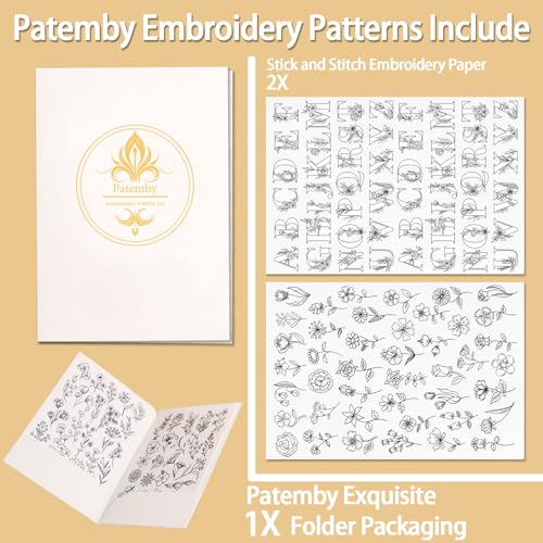Patemby Embroidery Pattern Water Soluble Embroidery Stabilizers, Stick and Stitch Embroidery Paper Wash Away with Pre-Printed Pattern Designs Stencils Transfers for Hand Sewing Lover Beginner - color: Lette