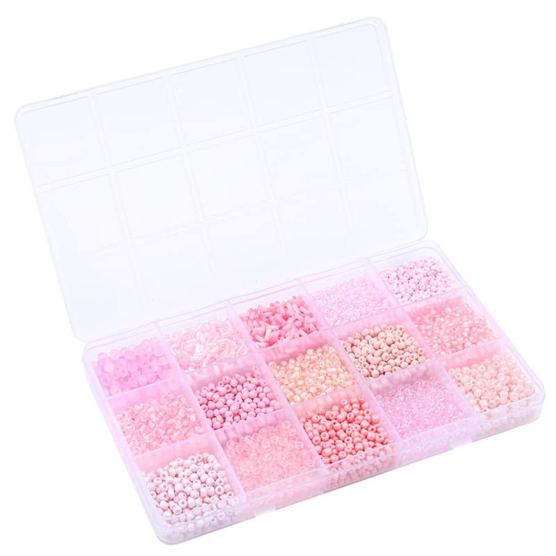 15 Grid Pink Glass Seed Bugle Tube Beads Kit for Jewelry Making DIY Craft - color: Pink, size: 15 Grid