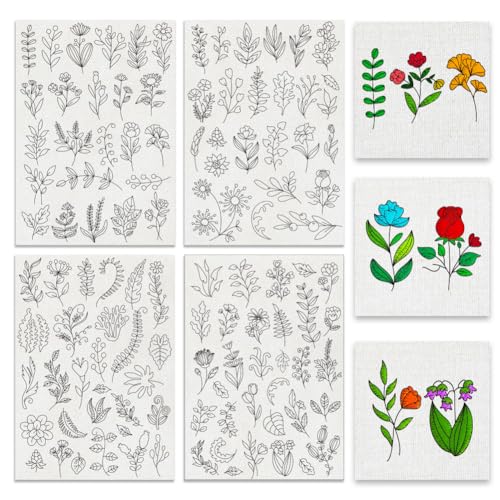 BENECREAT 4 Sheets Plants Sewing Embroidery Stabilizers, 109pcs Flowers Grass Embroidery Paper with Pre-Printed Water Soluble Stabilizer for Embroidery Hand Sewing Lover Beginners - color: Plants