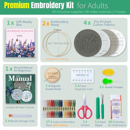 ETSPIL Embroidery Kit for Adults, 2 Hoops, 4K Slow-Mo, Pre-Printed Patterns - color: flower D4