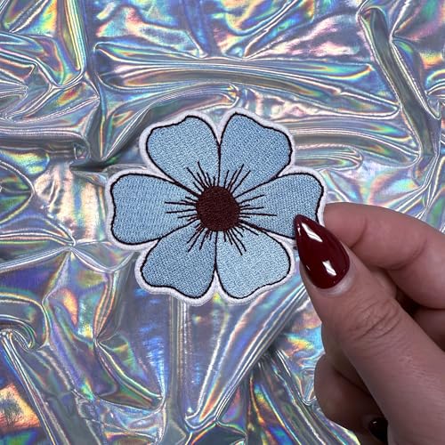 Blue Flower Patch, 2.5” x 2.5”, 2-Pack, Embroidered Iron-On for Hats, Bags, Jackets - color: Blue Flower