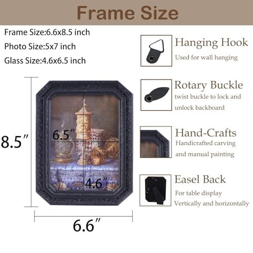 Vintage Picture Frames 5x7 Octagon Black Antique Ornate Picture Frames for Tabletop and Wall Mount with Glass Front Retro Home Decor Old Fashioned Victorian Photo Gallery Wall Decor - color: Black, size: 5x7