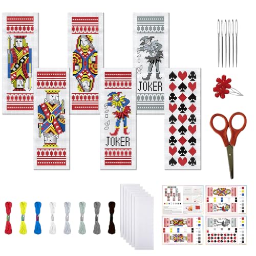 FREEBLOSS 6 Set Cross Stitch Bookmarks Kit Poker Stamped Cross Stitch Kit DIY Embroidery Bookmark Set with Instruction for Adults Beginners Gift for Reading Enthusiasts 8 * 2.4inch 11CT - style: Playing Cards
