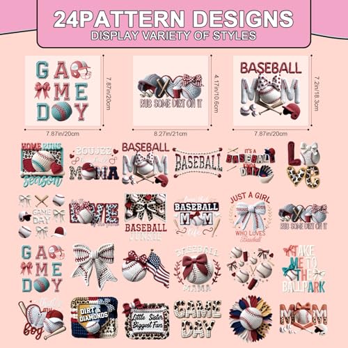 Rngmsi Dtf Transfers Ready to Press - 24 Pcs Baseball Iron on Patches for T-Shirts, Sport Game Heat Transfer Vinyl Decals, Bow Iron on Stickers for Hoodie DIY Fabric Clothes Decor - style: Baseball