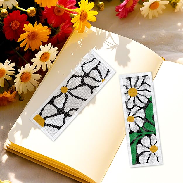 INFUNLY 6pcs White Daisies Cross Stitch Bookmark Kit for Beginners DIY Green Leaf Stamped Embroidery Bookmark Kits Flowers Needlepoint Kit with Instruction Easy Cross Stitch Set for Book Lovers Reader - style: Daisies