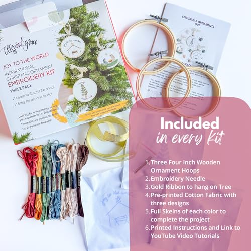 Elly & Grace Christian Embroidery Kit with Embroidery Hoop, Easy Embroidery Kit for Beginners and Adults, Full Embroidery Hoop Kit with Needles and Thread Included (Joy to The World) - style: Joy to The World