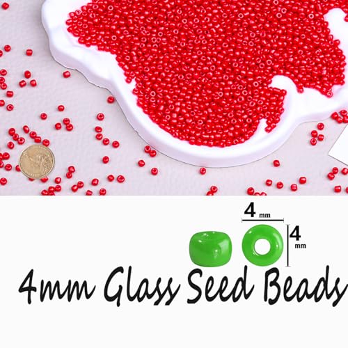 Legefo 4mm Glass Seed Beads Bulk, Red 6/0 Small Mini Pony Seed Beads, Tiny Round Craft Bead for Bracelet Necklace Wrist Jewelry Making Beading Weaving DIY Crafts Supplies, 1000pcs - color: Red