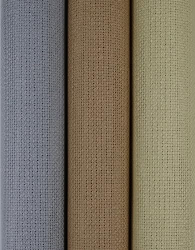 KCS 3 pc of 15" x 18"(38cmx45cm) Counted Cross Stitch Cotton Aida Cloth Needlework Rolled Fabric Box,14CT,Light Grey+Khaki+Yellow Beige - color: Light Grey+khaki+yellow Beige, size: 14CT