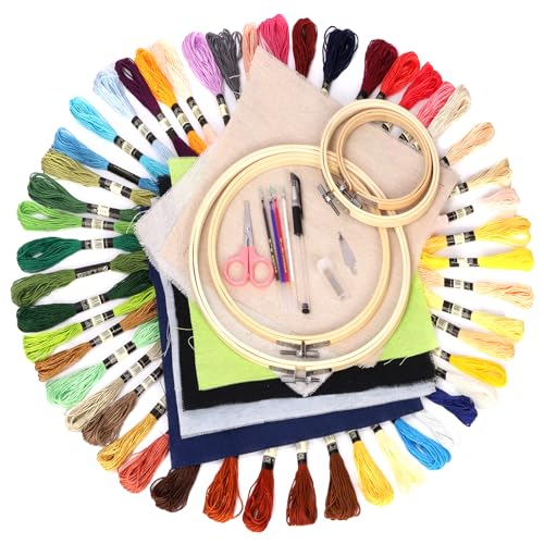 Glarks 78pcs Linen Fabric Embroidery Set Includes 50pcs Stitch Embroidery Thread 6pcs Embroidery Linen Cloth 6pcs Bamboo Circle Cross Stitch Hoop 10pcs Sewing Needles and 6pcs Tailoring Tools