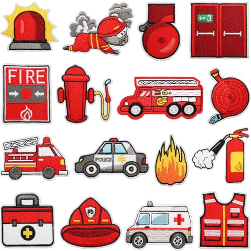 16pcs Firefighter Iron/Sew on Patches, Fireman Firetruck Extinguisher Hydrant Embroidered Applique, DIY Decoration for Clothes, Hat, Bag, Jeans, Dress, Shirt - color: 16pcs Firefighter