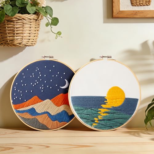 Armindou Hand Embroidery DIY Kits for Beginners Adults, Sea Sunrise Embroidery Set Needlepoint Kits, Stamped Cross Stitch Kits for Beginners Adults, 2 Embroidery Hoops, Fabric(Attached Video Tutorial) - color: Scenery, size: 8inch