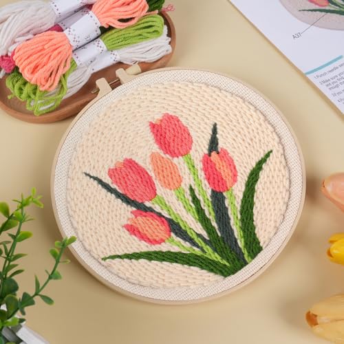 KESTAR Punch Needle Embroidery Starter Kits, Pink Tulip Flower Punch Needle Kits for Adults Beginner, Needle Punch Kit Tool with Instruction Threader Fabric Yarns and Hoop - color: Pink Tulip