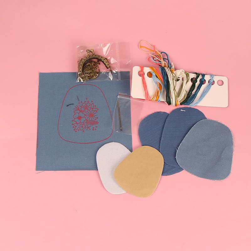 NOIAFZY 1pcs DIY Embroidery Mini Coin Purse Kit with Necklace & Keychain - Versatile Sweater Chain or Bag Charm, Includes Printed Fabric, Thread, Needle & Instructions