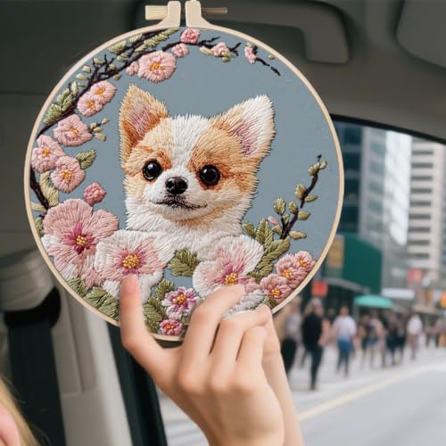 FONNUY Chihuahua Dog Floral Embroidery Kit, Cross Stitch Kits for Beginners, Handmade Crafts with Printed Patterns for Beginner Adults, Easy to Follow Color Thread Needlework, 8'' Hoop (Petite Dog) - color: Petite Dog