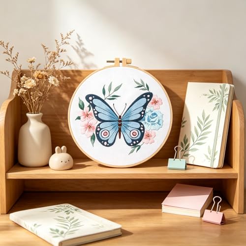 Silentsea Blue Butterfly Embroidery Kit for Beginners – Complete DIY Stitching Craft Set with Pre-Printed Fabric, Hoop, Threads & Video Tutorial – Ideal for Home Decor & Handmade Gifts - color: Blue Butterfly