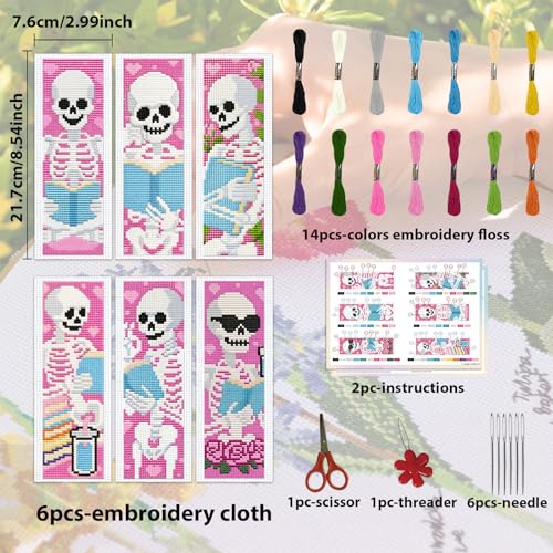 ACRNIGHEET 6PCS Stamped Cross Stitch Bookmark Kit Beginners Halloween Skull - style: Skull and book patterns