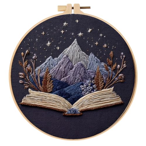 Qvthpv Embroidery Kit for Beginners, Stamped Mountain Book Night - color: Mountain Story Night