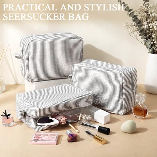 Sanwuta 3 Pcs Seersucker Makeup Bags, Gray - color: Gray