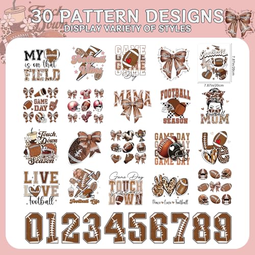Dtf Transfers Ready to Press - 30Pcs Football Mom Iron on Transfer for Tshirts, Rugby Sports Lovers Iron on Decals Patches, Football Number Heat Sublimation Stickers for DIY Clothes Bags - color: Football Mom591
