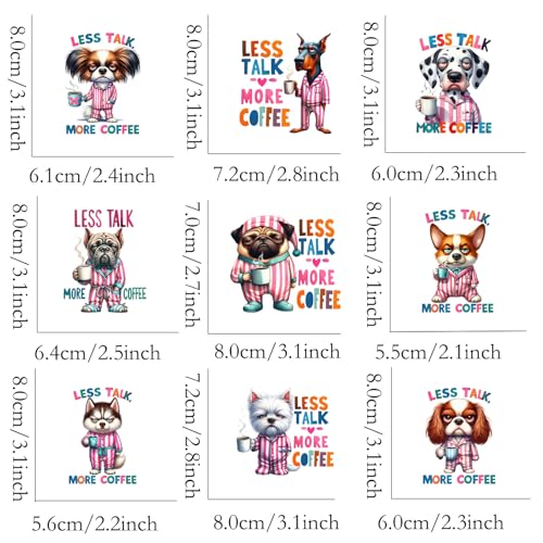 9pcs Coffee Dogs Iron On Decals Thermal Transfer Stickers for Clothing Appliqued Sublimation Patches Iron On Transfer Designs Heat Press Vinyl for Shirts Pillow Covers - style: 9PCS-M01Small)