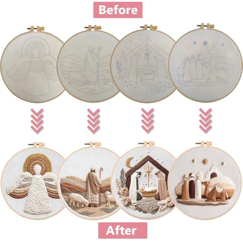 Nativity Embroidery Kit for Adults, Pre-Stamped Pattern Embroidery Kit for Beginners, Needlepoint Kit with Hoop Thread Needle Instruction, 7.9'' Hoop (Nativity 4 Packs) - style: Nativity 4 Packs
