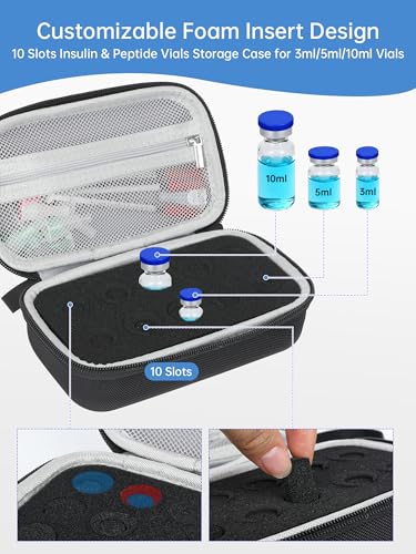 10slots Peptide Case for Fridge, Insulin & Peptide Vials Storage Case for 3ml or 10ml Vials, Space for Alcohol Wipes, Needles & Syringes, Adjustable Peptide Vial Storage Holder by KNOCKO - color: 10-slots (Black)