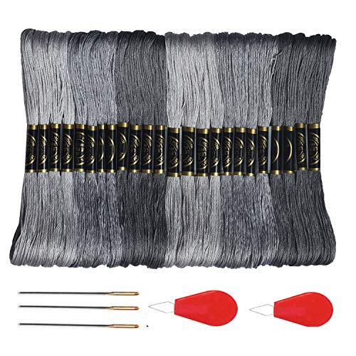 Premium Grey Embroidery Floss - Cross Stitch Threads - Friendship Bracelets Floss - Crafts Floss- Hand Embroidery Thread 24 Skeins Per Pack and Free Set of 3Embroidery Needles and 2 Needle Threader