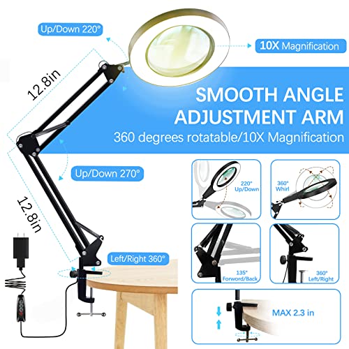 10X Magnifying Glass with Light, Adjustable Swing Arm 72 LEDs Real Glass Lens Magnifying Lamp, 3 Color Modes 10 Stepless Dimmable, Lighted Magnifier for Daily Reading Hobbies Crafts Workbench (Black) - color: Black