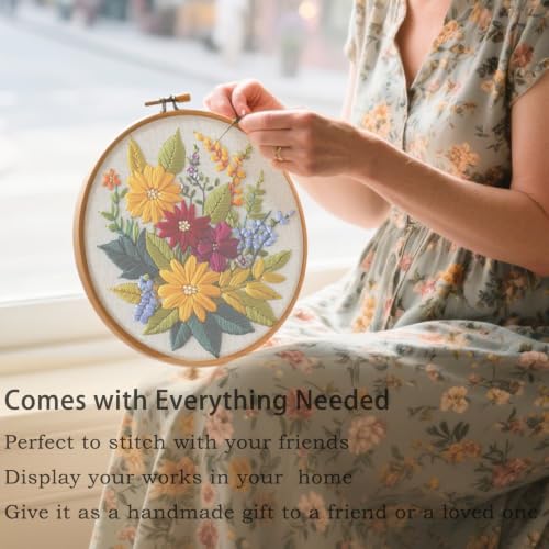 FONNUY Floral Embroidery Kit for Beginners, Colorful Flowers Pre-Stamped Pattern Kits for Adults with Hoop, Thread Needlework, 8'' Hoop (Zinnia) - color: Zinnia