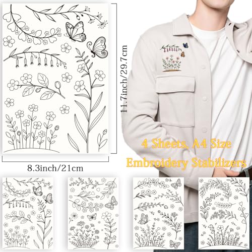 26Pcs Flower Vine Embroidery Patterns Stabilizers 11.7 x 8.3 Inch Water Soluble Stick and Stitch Embroidery Paper Flowers Pattern Wash Away Transfer Paper Stabilizer for DIY Hand Sewing - color: Plants