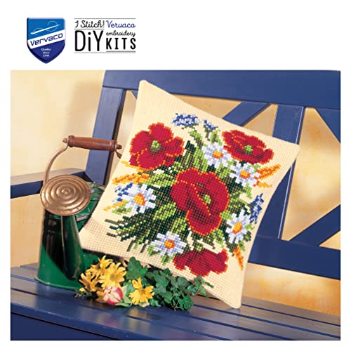 Vervaco Flowers Cross Stitch Cushion, Multi-Colour - size: 40 x 40 cm