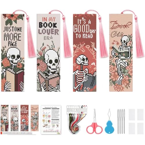 niurenmaoyi 4 Pack Skeleton Bookmark Stamped Cross Stitch Kits for Beginner - color: Cross Stitch Kits0512-01