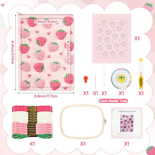Fiupan All-in-One Strawberry Embroidery Kit - DIY Craft Kit with Thread, Fabric & Needles, Pink Embroidery Pouch for Tablet E-Reader Sleeve, Creative Birthday Gifts for Beginners（6-6.8 Inch） - size: 6-6.8 Inch