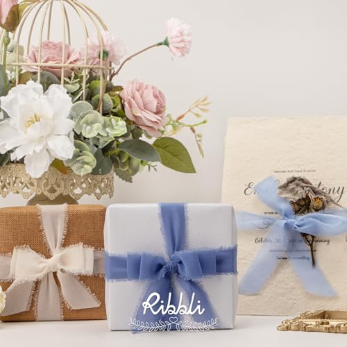 Ribbli Blue Ribbon 1 Inch x 3 Rolls Total 24 Yards Cream/Blue/Dusty Blue Handmade Fringe Chiffon Silk Ribbon for Wrapping Wedding Invitations Bridal Bouquets DIY Crafts Home Decor - color: Cream/Blue/Dusty Blue