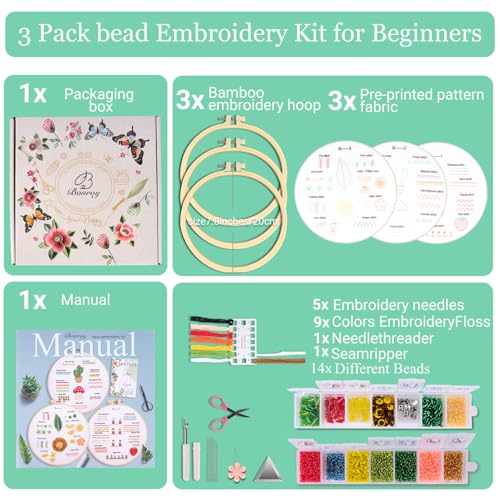 Bonroy Beginners Embroidery Practice kit 3 Sets to Learn 30 Different Stitches for Craft Lover Hand Stitch with Embroidery Fabric with Skill Techniques (BY-BD-S) - color: BY-BD-S